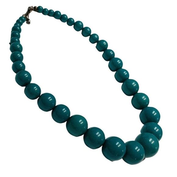Vintage Teal Green Faux Pearl Graduated Acrylic Large Beaded Necklace 17” - Picture 4 of 7